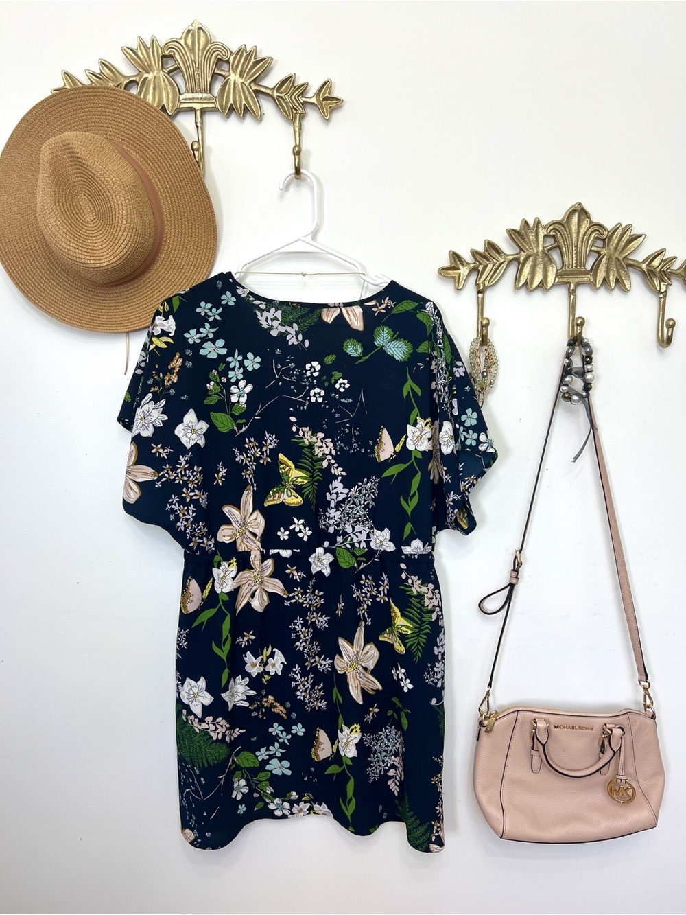 Navy Floral butterfly Short Sleeve Dress - Green & Cream Print M